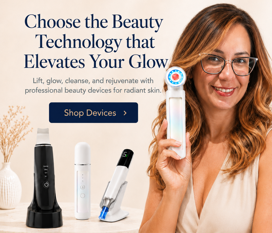Woman holding a beauty device with text about choosing beauty technology on a beige background